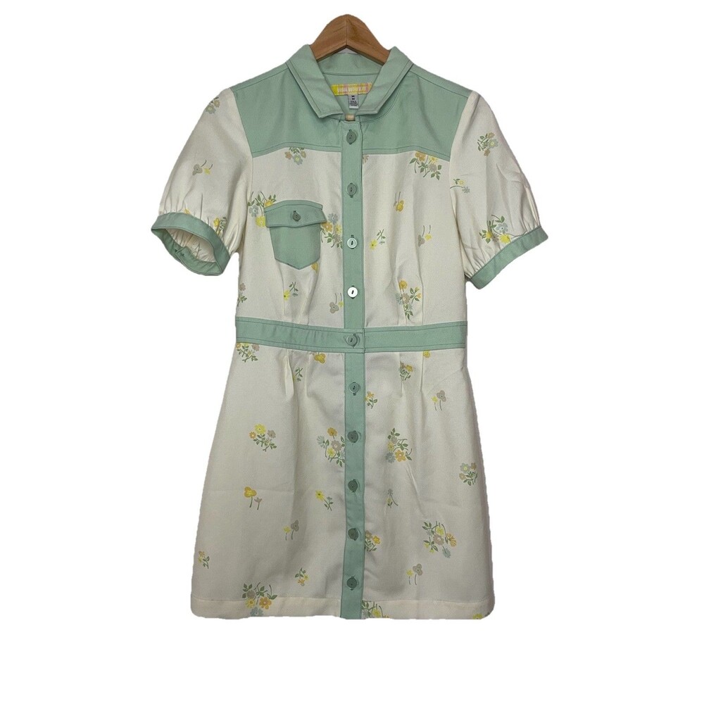 Urban Outfitters Women's Medium Retro Cream Mint Floral Button Up Aline Dress